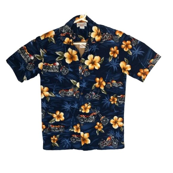 Hawaiian Shirt Mens M Motorcycles Hibiscus Short Sleeves Pacific Legend Blue - Picture 2 of 7